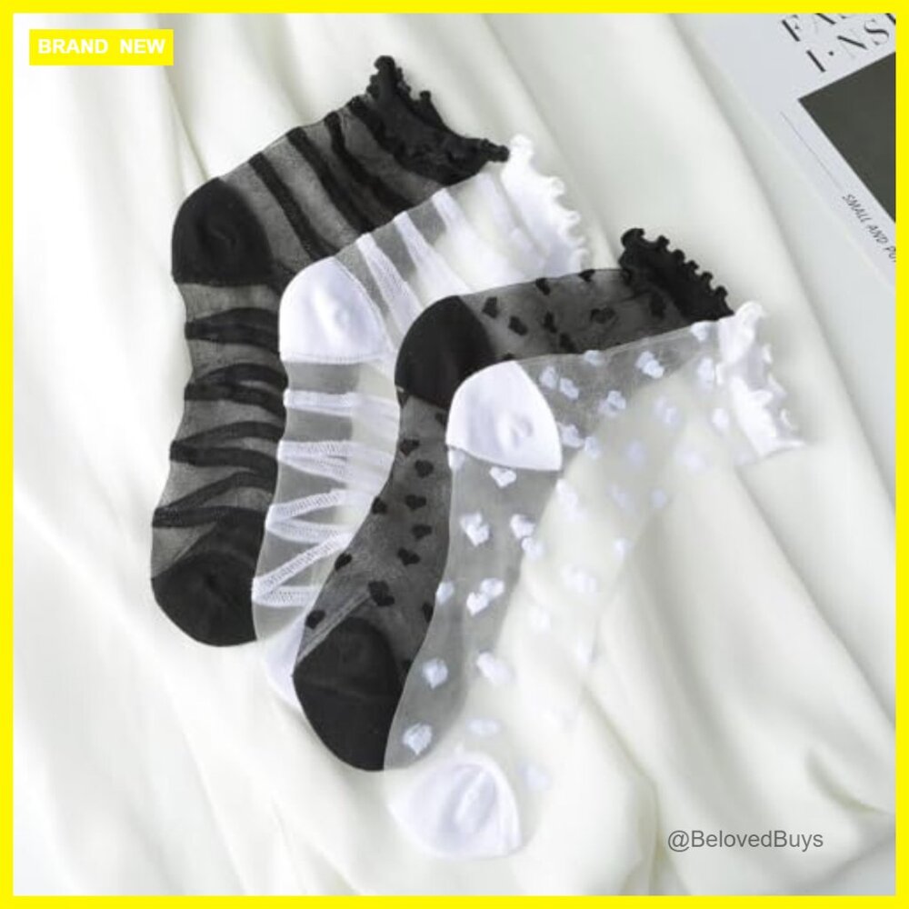 4 Pairs Sheer Ankle Socks Ultra Thin Lace Ruffle Heart Striped Transparent - Picture 5 of 7